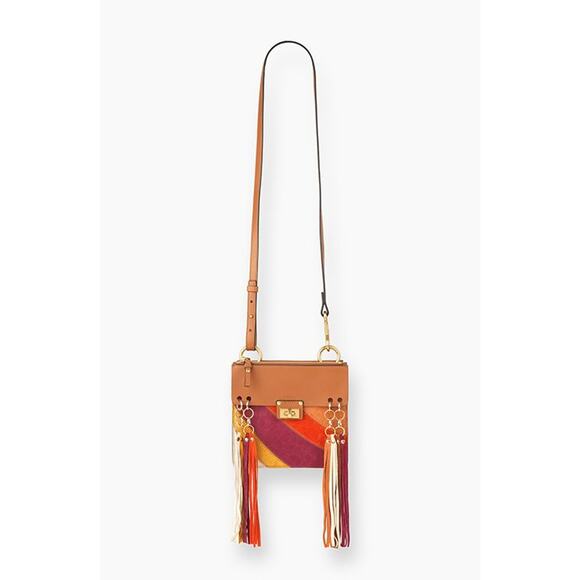 Chloe Jane Caramel Calfskin Suede Fringe Rainbow Patchwork Crossbody Satchel Bag - Picture 3 of 7